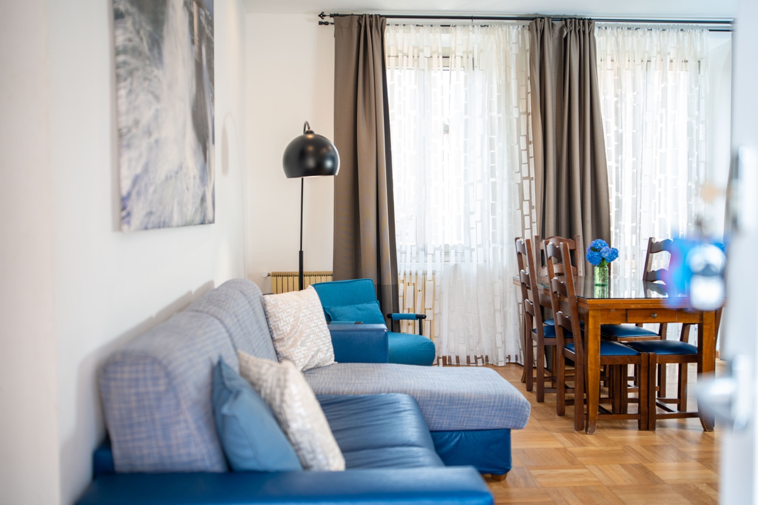 Wooden sofa with lamp