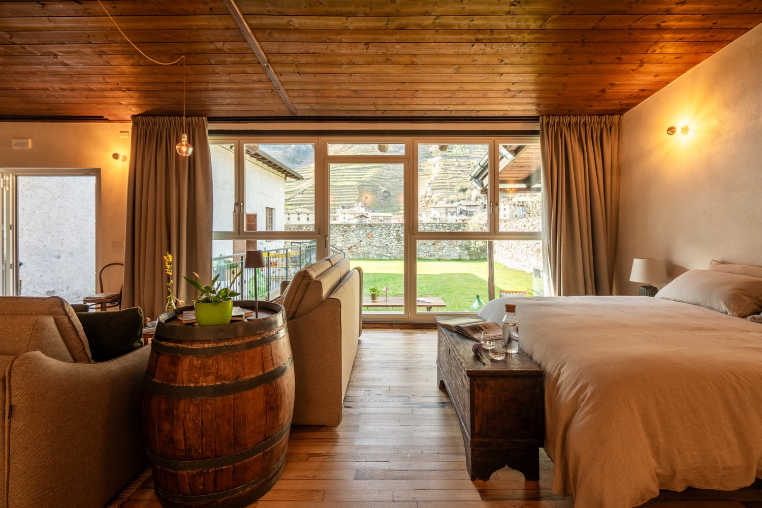 Bedroom interior with wood and pillow