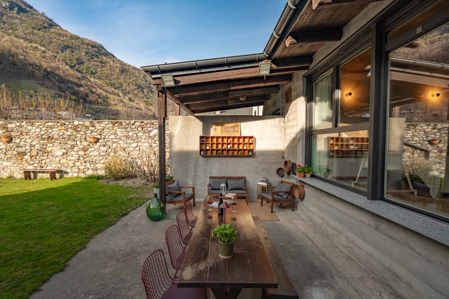 Blue sky, hill, furniture, table, processed wood, outdoor land