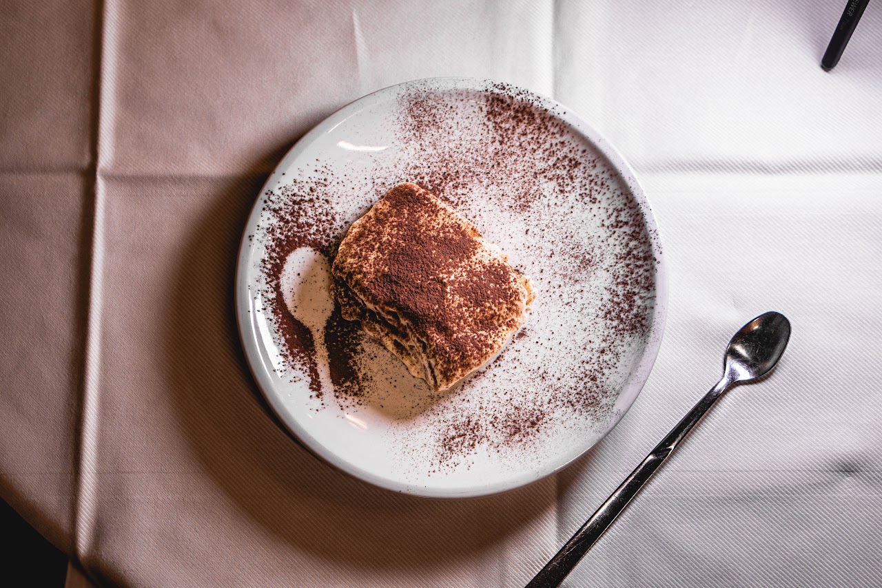 Tiramisu on white plate