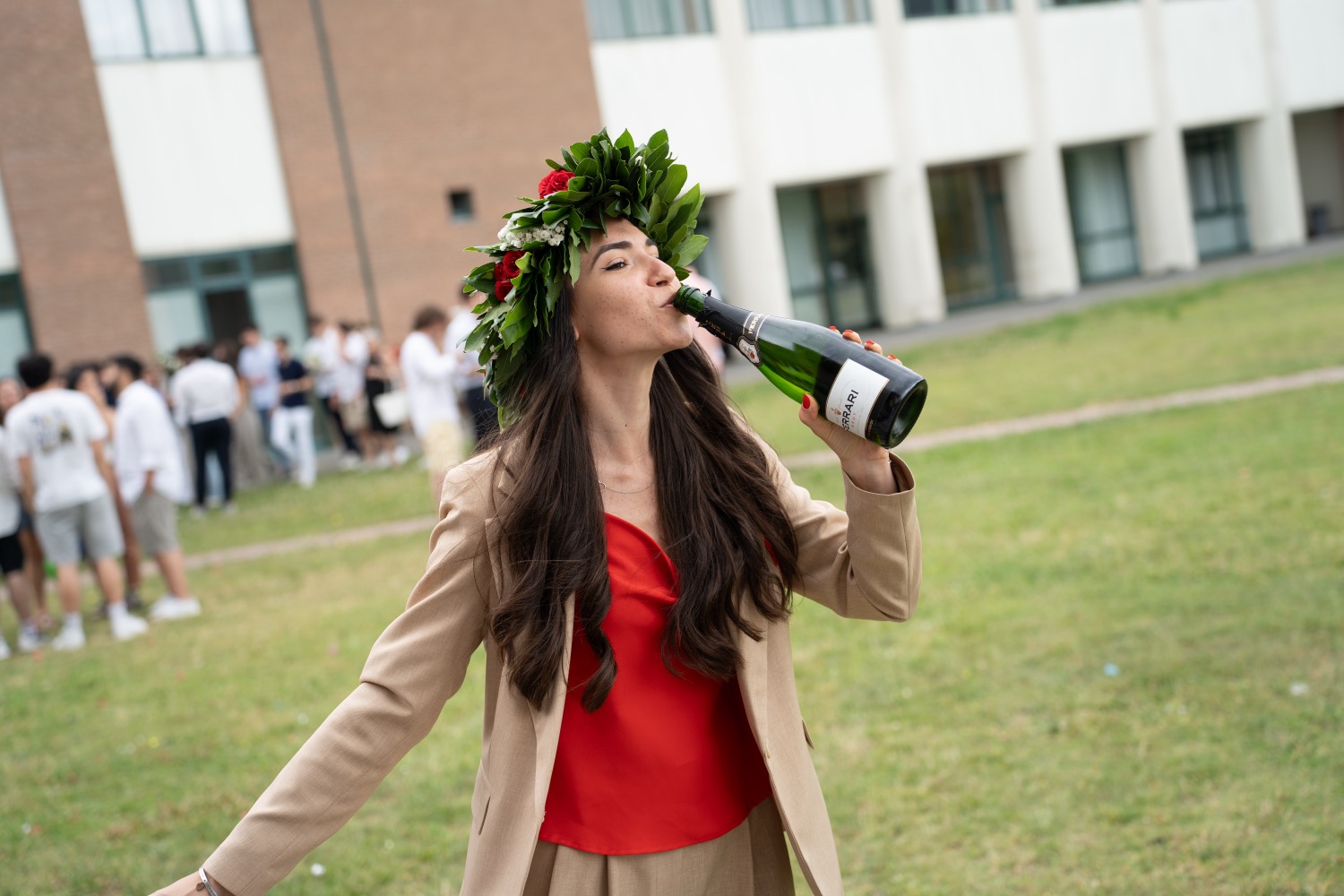 Crowd gathers at portal on grassy field
