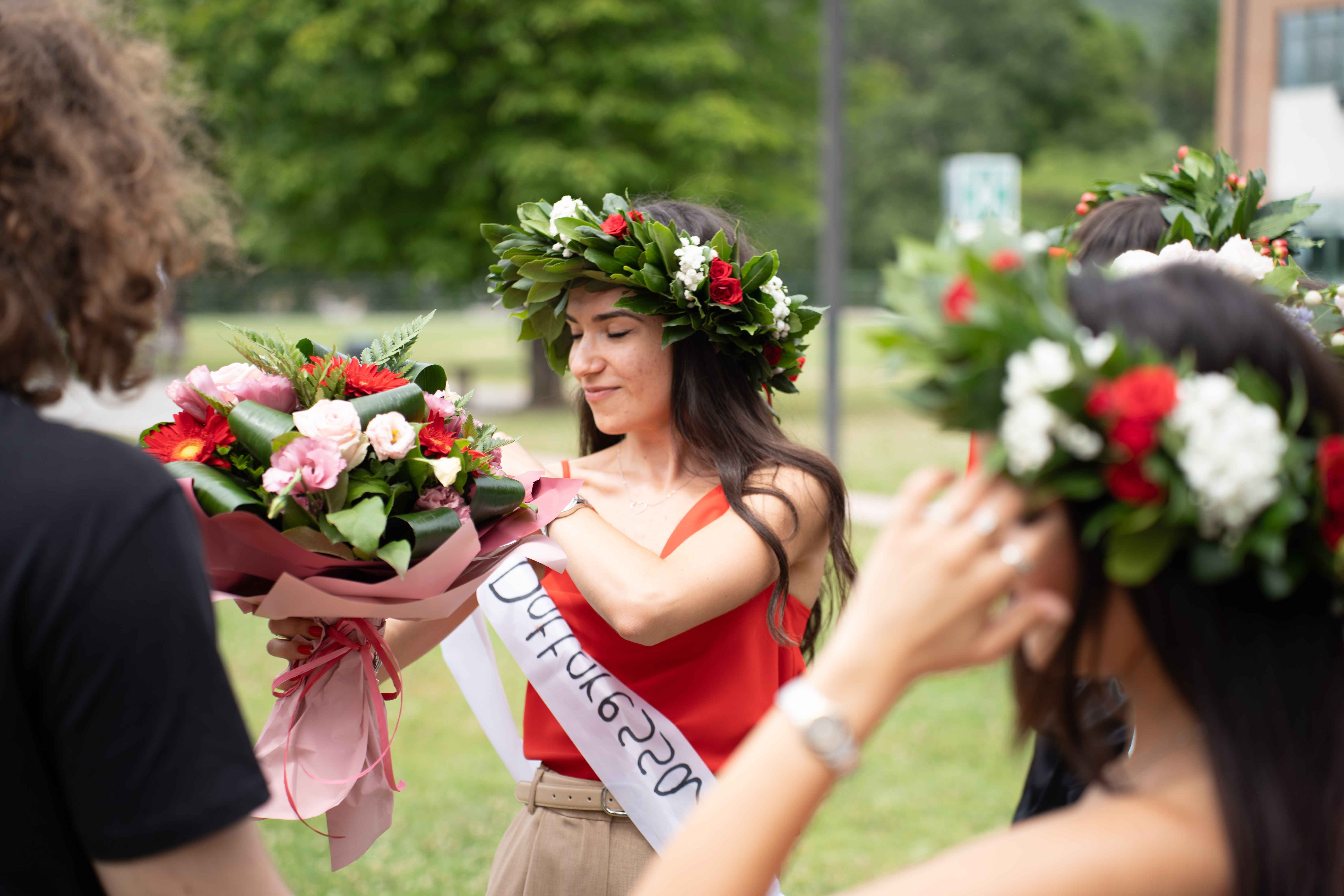 Outdoor art installation with floral arrangement